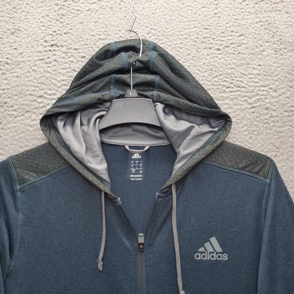 Adidas Hoodie Mens L Blue Fleece Lined Climawarm Athletic Long Sleeve Full Zip